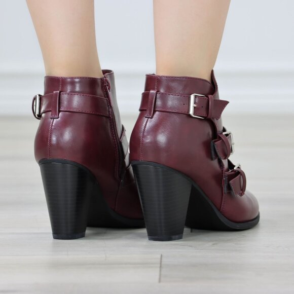 Ankle Boots Block Cone Heel Synthetic Leather Wine Almond Toe Buckles Zipper - Picture 12 of 12
